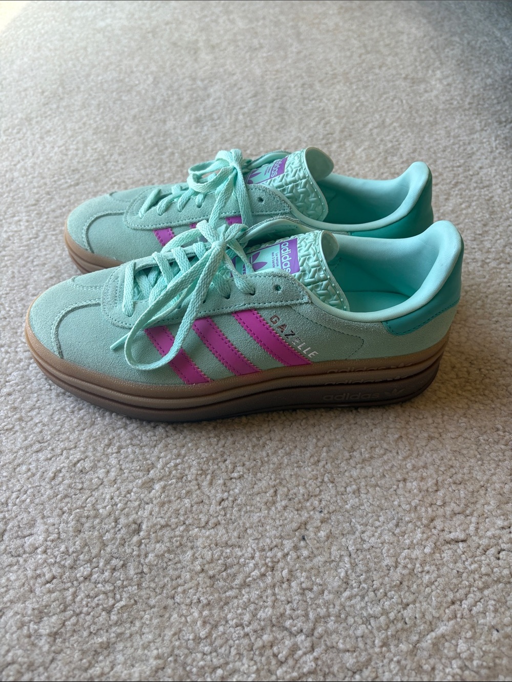 adidas Women's Mint Green Suede Sneakers with Pink Stripes- Gazelle - Picture 8 of 9